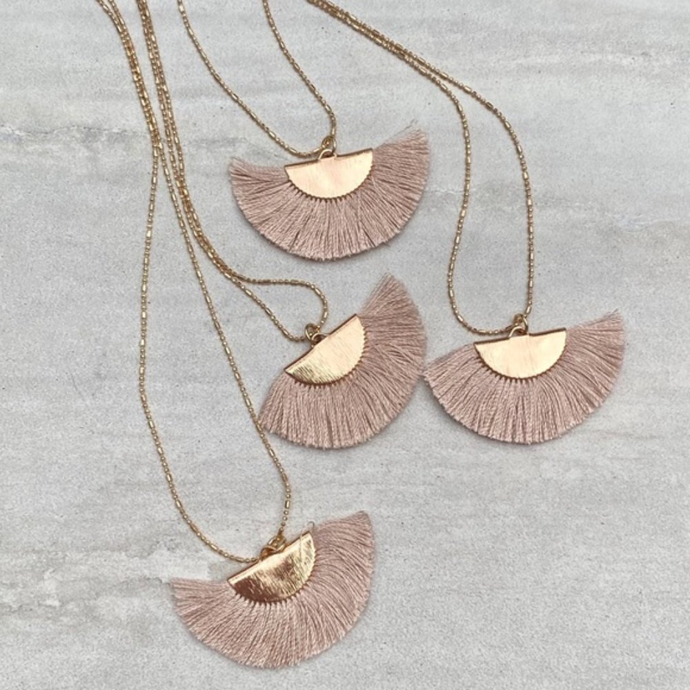 Rose Taupe Silk Fan Tassel Necklace--Made in USA